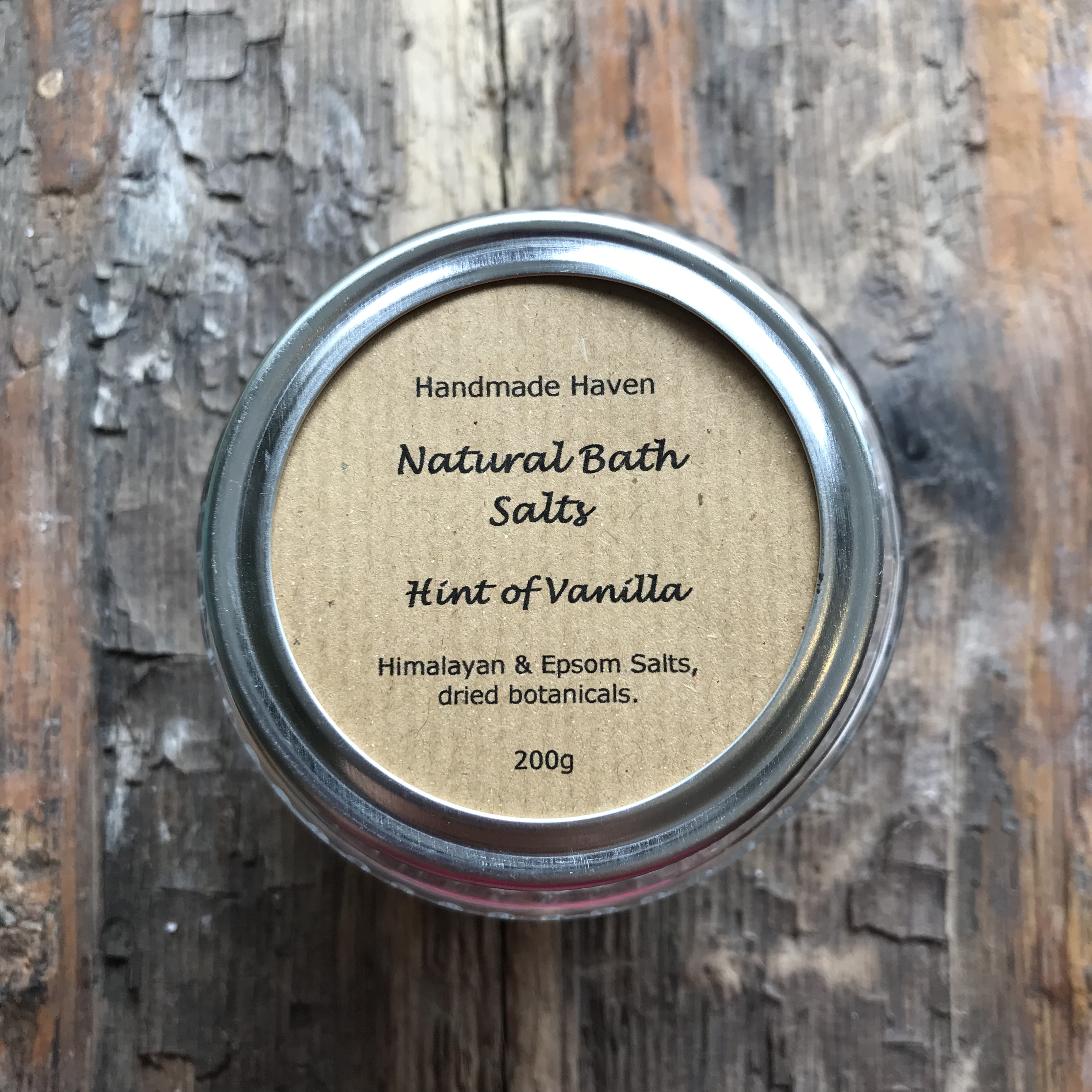Handmade Haven natural bath salts, Hint of Vanilla. 200g jar.