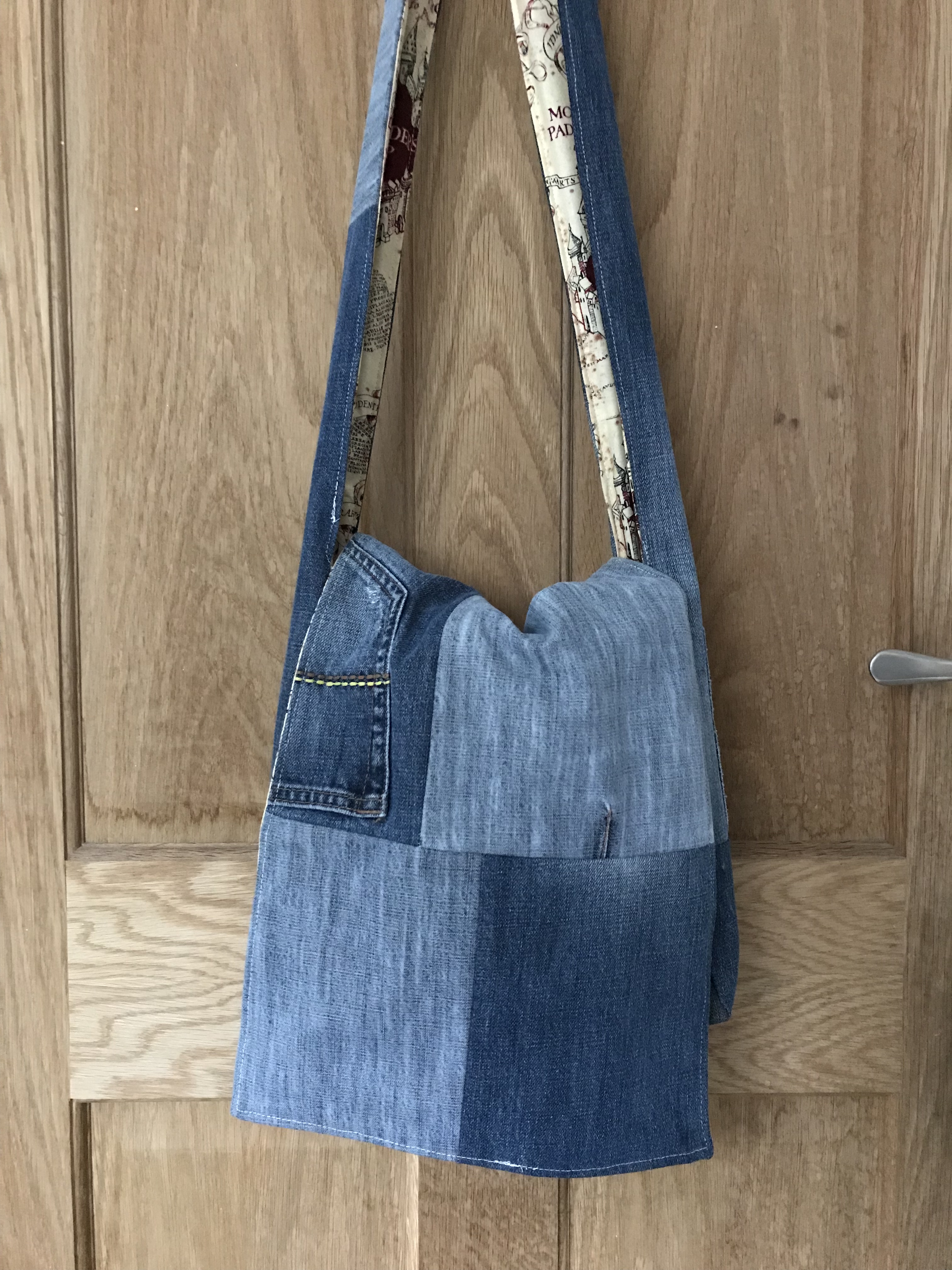 Handmade haven messenger bag, made with repurposed jeans