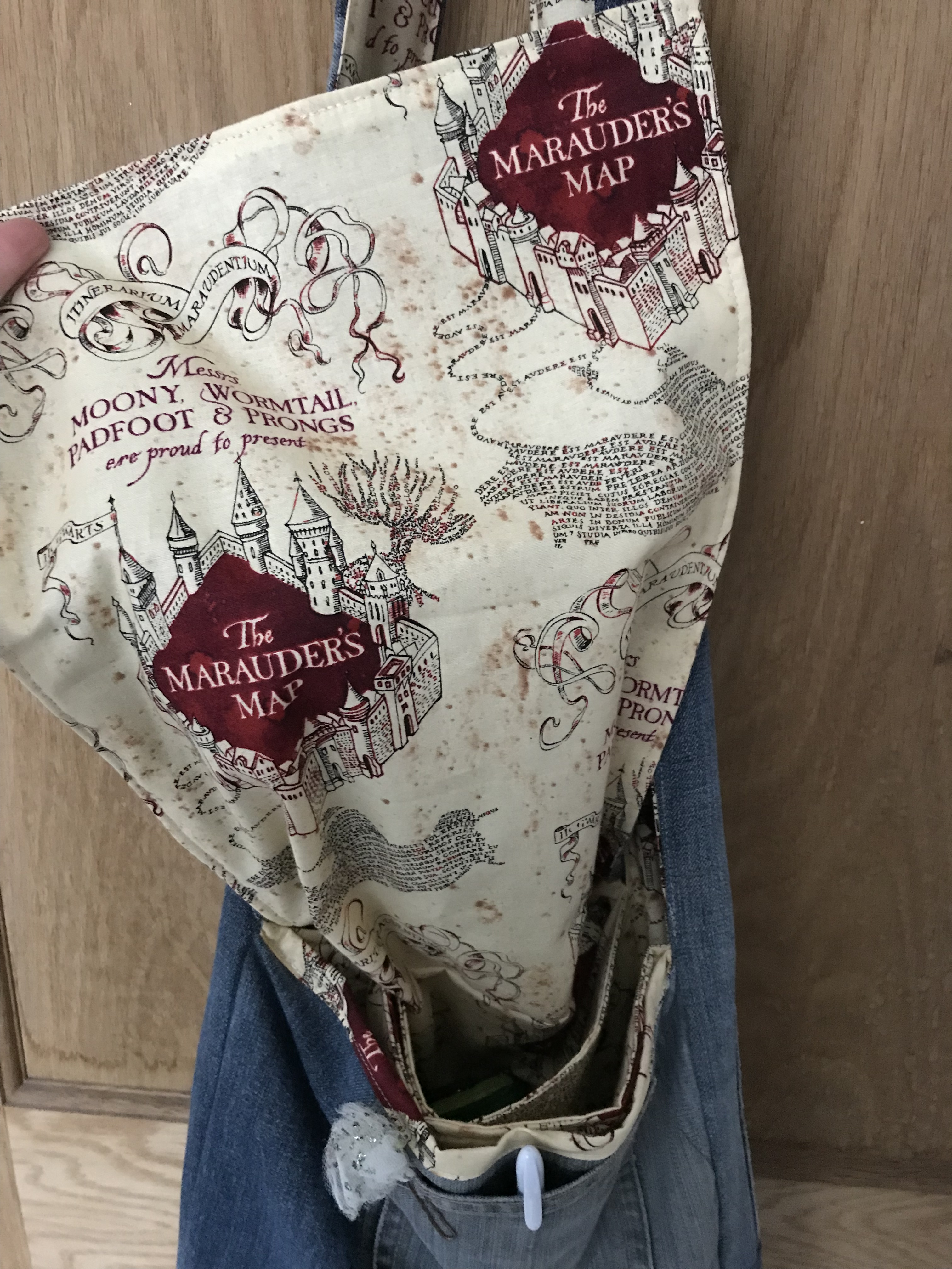 Handmade haven messenger bag made from repurposed jeans, Harry Potter marauders map fabric