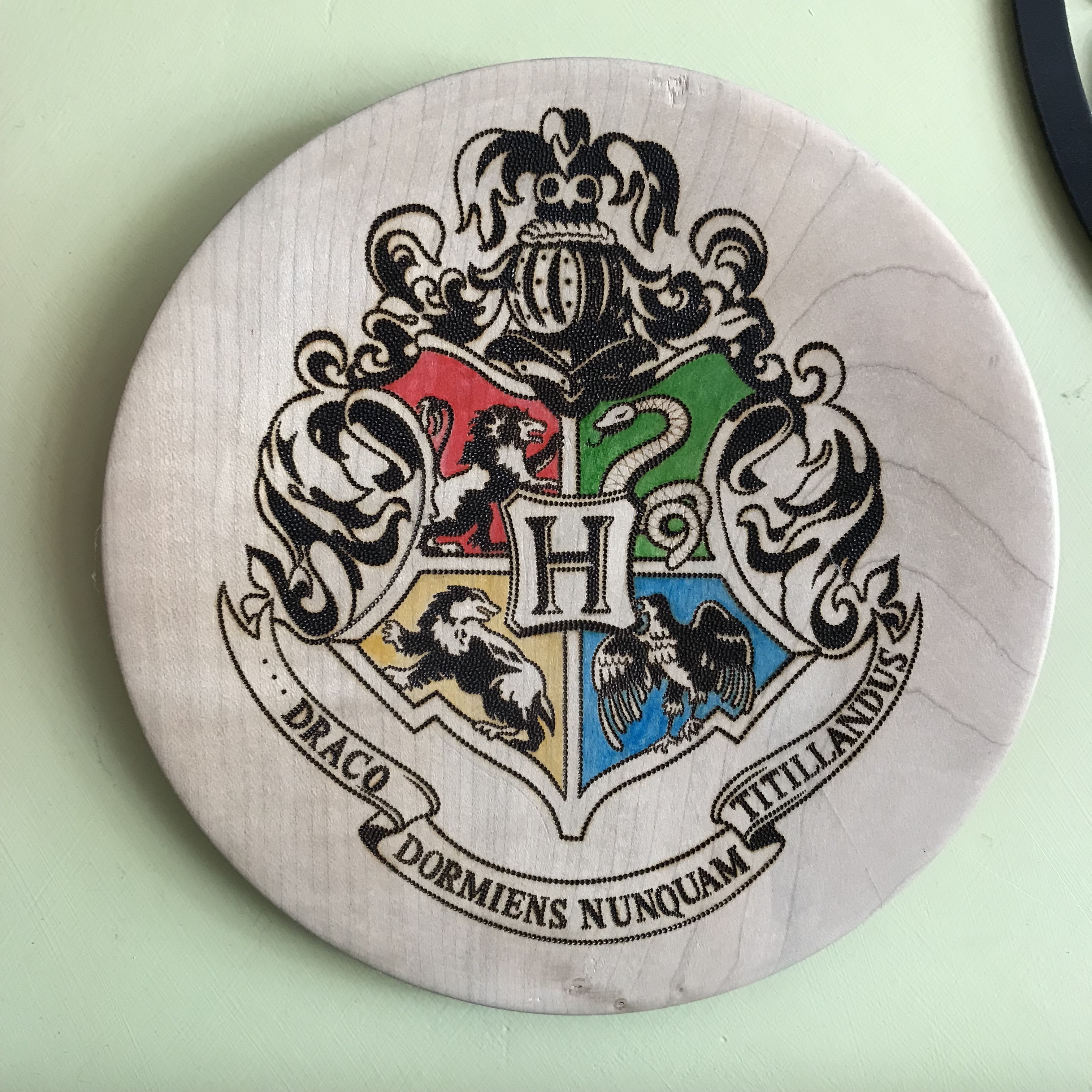 Handmade Haven, Sylvan Stories Pyrographer, Hogwarts Crest, paint and dot work pyrography